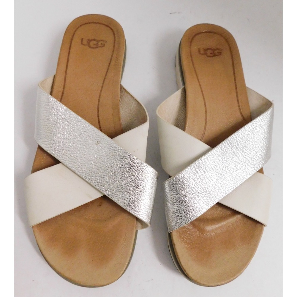 UGG Women Slide Sandals White Silver Metallic Leather Kari 1018901 Size 8